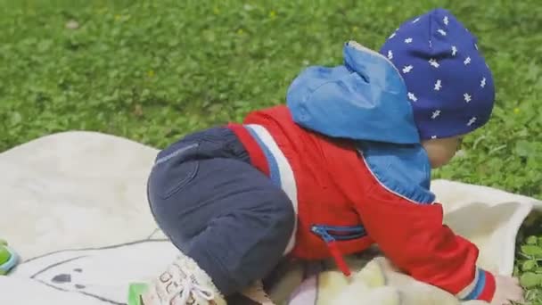 A criança está brincando na grama verde — Vídeo de Stock