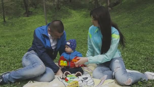 La famille joue avec l'enfant par une belle journée ensoleillée — Video