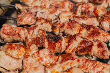 Şiş kebap kızartma kömür üzerinde. Şiş kebap şişleri ormandaki üzerinde.