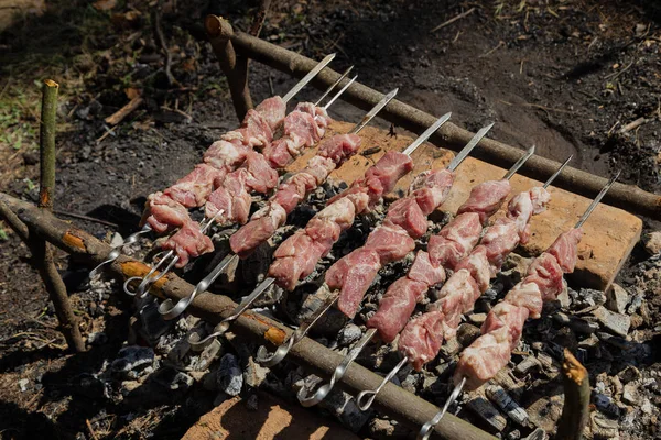 Shish kebab asado en carbón vegetal. Kebab shish en pinchos en el bosque . — Foto de Stock