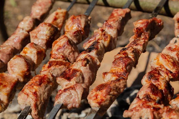 Shish kebab asado en carbón vegetal. Kebab shish en pinchos en el bosque . — Foto de Stock