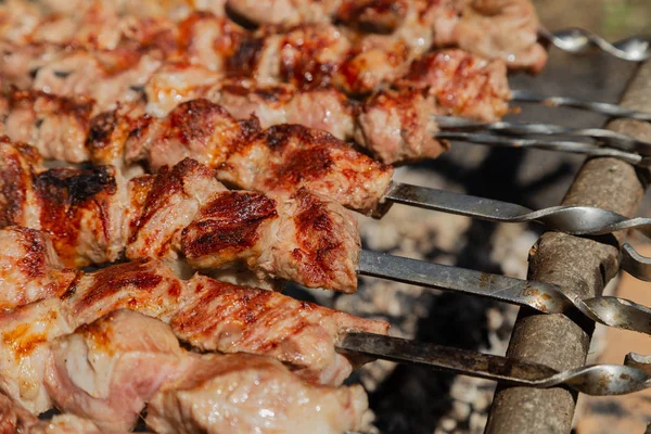 Shish kebab asado en carbón vegetal. Kebab shish en pinchos en el bosque . — Foto de Stock