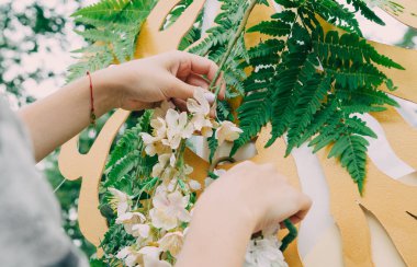 Rustik düğün fotoğraf bölge. El yapımı düğün süslemeleri içerir
