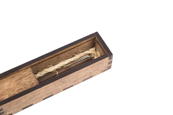 Beautiful wooden box with ballpoint pen inside on a white background. — Stock Photo, Image
