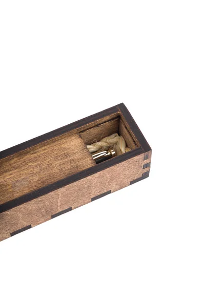 Original wooden box for handmade ballpoint pen on a white background. — Stock Photo, Image