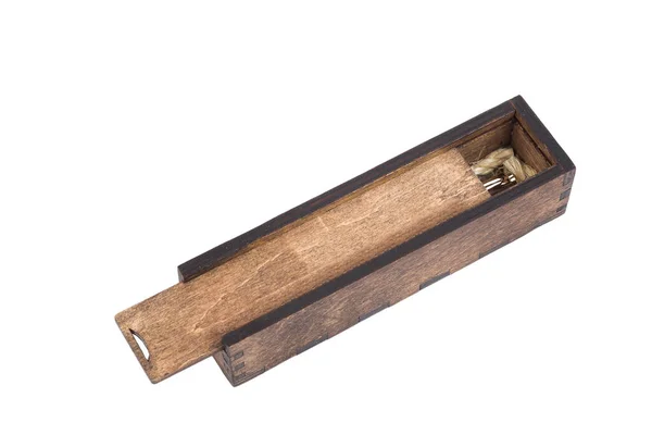 Original wooden box for handmade ballpoint pen on a white background. — Stock Photo, Image