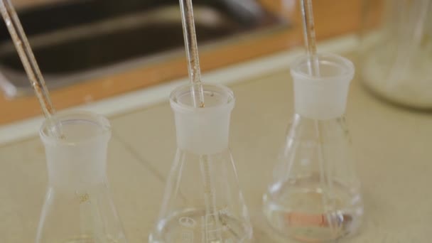 Glazen reageerbuizen in een wetenschappelijk laboratorium. — Stockvideo