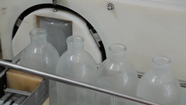 Lavado de botellas de inyección y transportador de desinfección . — Vídeos de Stock