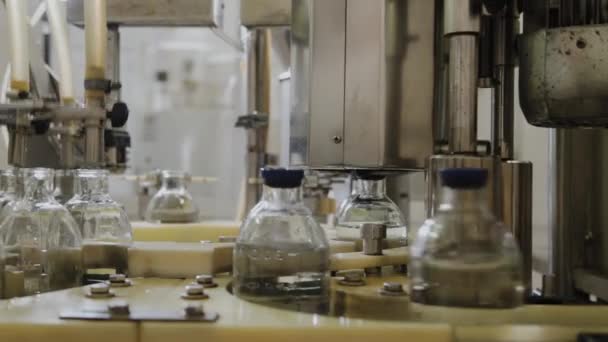 Pouring medicine on an assembly line into glass bottles for injection. — Stock Video