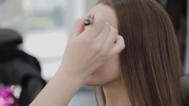 专业化妆师。 女人在美容院里把化妆品涂在一个漂亮姑娘的脸上. — 图库视频影像