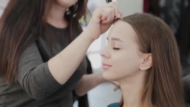 Profesional de maquillaje artista mujer agita crema de maquillaje en una paleta . — Vídeos de Stock