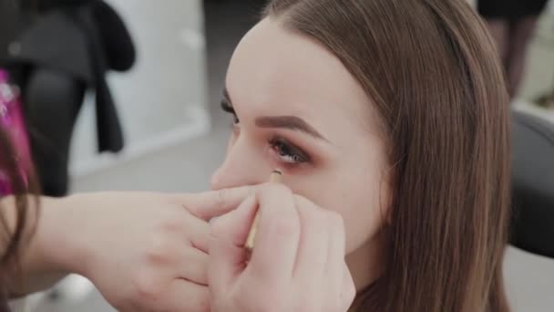 Professionele make-up kunstenaar vrouw schildert wimpers aan cliënt van schoonheid salon. — Stockvideo