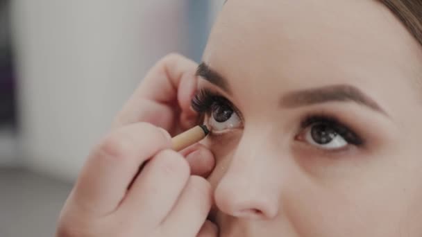La artista profesional del maquillaje pinta las pestañas al cliente del salón de belleza . — Vídeo de stock