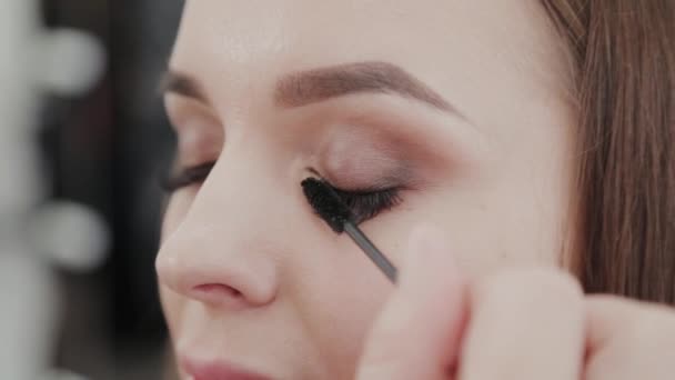 La artista profesional del maquillaje pinta las pestañas al cliente del salón de belleza . — Vídeos de Stock