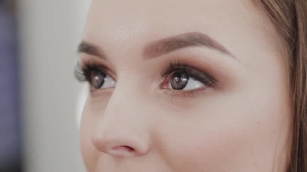 La donna di artista di trucco professionale dipinge ciglia a cliente di salone di bellezza . — Video Stock