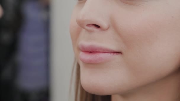 Professionele make-up artiest vrouw schildert lippen aan cliënt van schoonheid salon. — Stockvideo