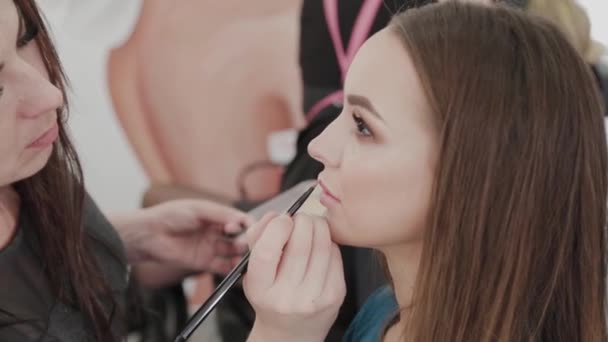 Profesionální make-up umělkyně maluje rty na klienta salonu krásy. — Stock video