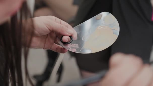 Maquilleuse professionnelle qui applique du maquillage avec une palette dans les mains . — Video