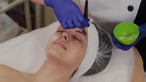 Profi trägt einer Frau mit einem Pinsel eine Gesichtsmaske auf. — Stockvideo