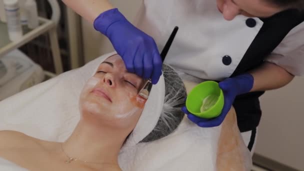 Professional applique un masque facial à une femme avec une brosse . — Video