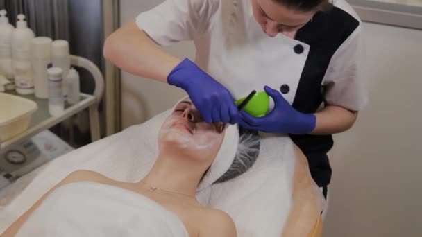 Professional applique un masque facial à une femme avec une brosse . — Video