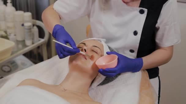 Profesionální kosmetička aplikuje sérum na obličej štětcem. — Stock video