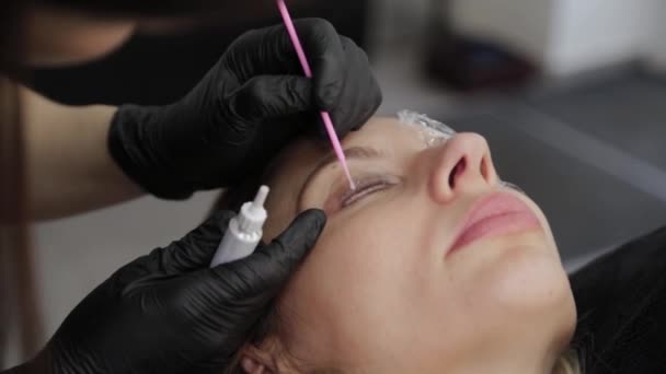 Un cosmétologue professionnel dans un salon de beauté applique un gel de plastification des cils sur les cils du client . — Video