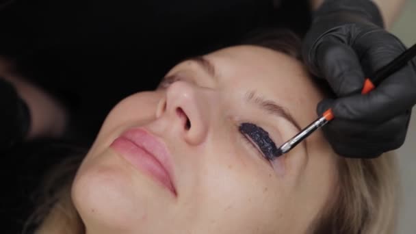 Szakmai kozmetikus egy szépségszalonban szempillákat fest egy ügyfélnek. — Stock videók