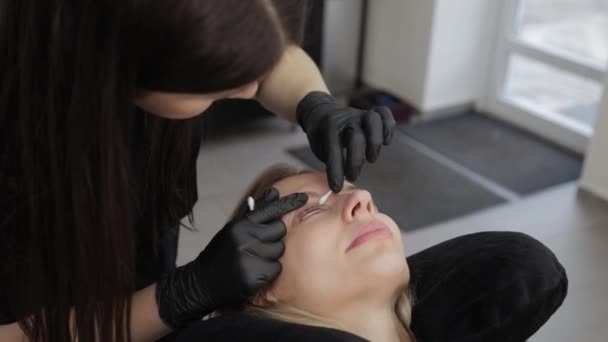 Professional beautician in a beauty salon paints eyelashes to a client. — Stock Video