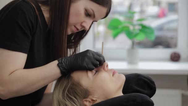 Professional beautician in a beauty salon straightens eyelashes to a client. — Stock Video