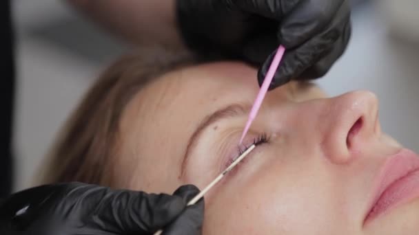 Esthéticienne professionnelle dans un salon de beauté redresse les cils d'un client . — Video