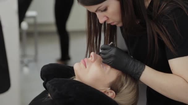 A professional beautician in a beauty salon performs eyelash lamination procedure. — Stock Video