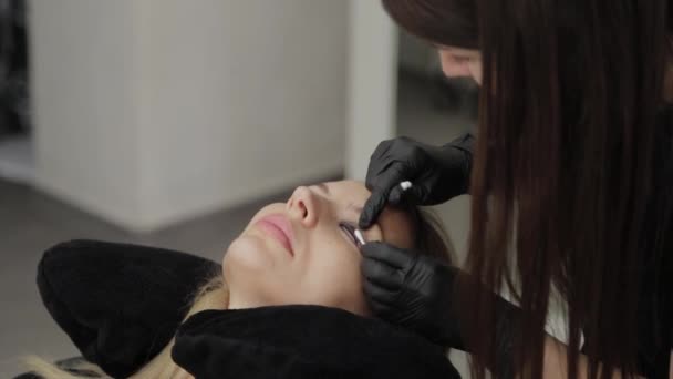 Professionelle Kosmetikerin in einem Schönheitssalon malt einem Kunden Wimpern. — Stockvideo