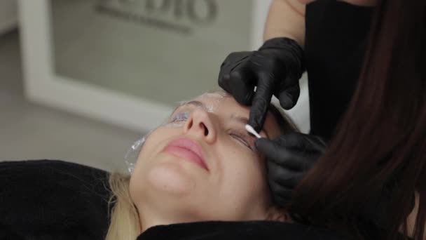 Esteticista profesional en un salón de belleza pinta pestañas a un cliente . — Vídeos de Stock