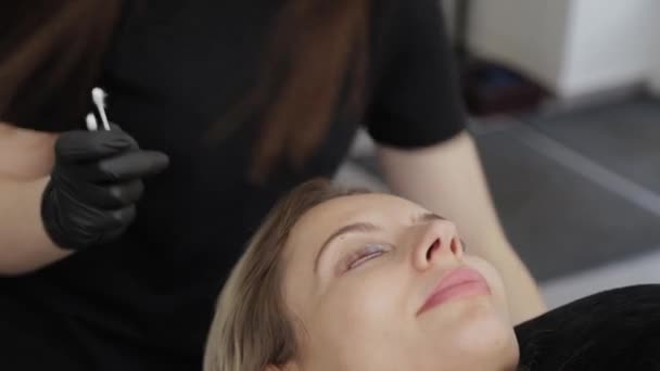 Esthéticienne professionnelle dans un salon de beauté peint des cils à un client . — Video