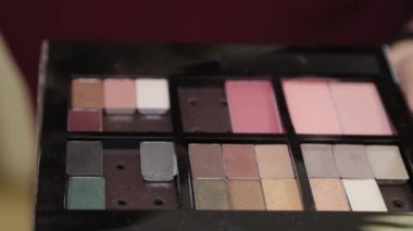 Elinde palet olan profesyonel bir makyöz. Makyaj yapıyor..