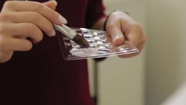 Profissional maquiador mulher mexe creme de maquiagem em uma paleta . — Vídeo de Stock