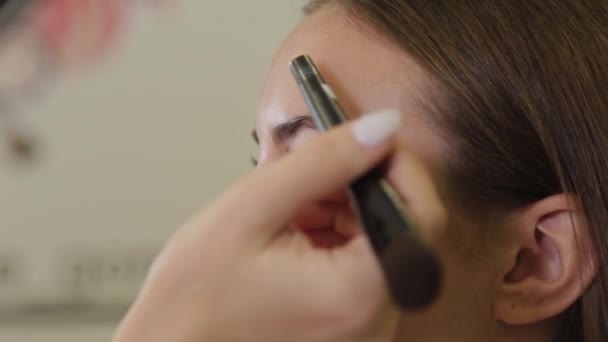 Επαγγελματική make-up artist εφαρμόζει κρέμα ίδρυμα για τους πελάτες πρόσωπο με πινέλο. — Αρχείο Βίντεο