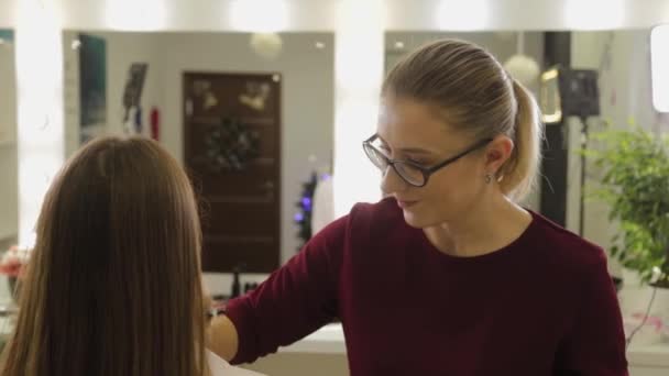 Professional make-up artist applies foundation cream on clients face with brush. — Stock Video