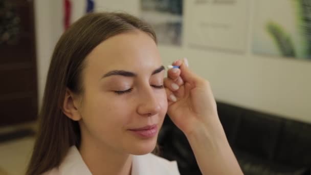 Artista de maquillaje profesional pinta cejas a un cliente de un salón de belleza . — Vídeos de Stock