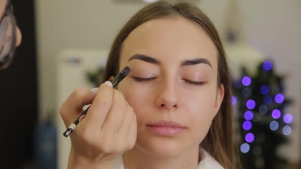 Maquillage professionnel des yeux. Styliste maquilleuse applique le maquillage à une jeune femme avec un pinceau spécial dans un salon de beauté . — Video