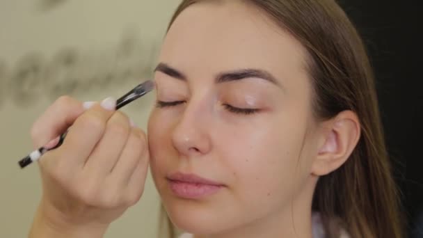Profesjonalny makijaż oczu. Stylista makijaż artysta stosuje makijaż do młodej kobiety ze specjalnym pędzlem w salonie piękności. — Wideo stockowe