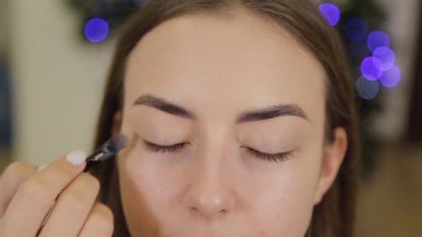 Maquiagem profissional dos olhos. Artista de maquiagem estilista aplica maquiagem a uma jovem com um pincel especial em um salão de beleza . — Vídeo de Stock