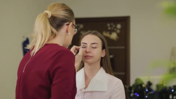 Profesionální make-up. Stylista make-up umělec aplikuje make-up na mladou ženu se speciálním štětcem v salonu krásy. — Stock video