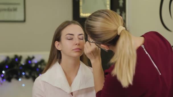 Professionell ögonmakeup. Stylist makeup artist applicerar makeup på en ung kvinna med en speciell borste i en skönhetssalong. — Stockvideo