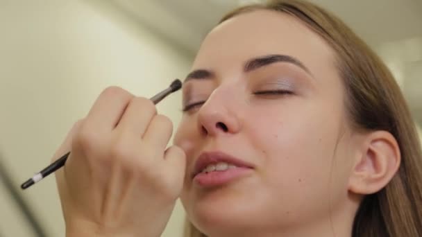 Professionele oogmake-up. Stylist make-up kunstenaar past make-up op een jonge vrouw met een speciale borstel in een schoonheidssalon. — Stockvideo