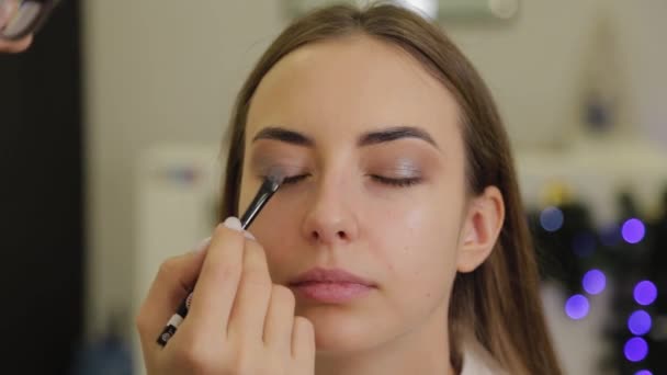 Profesionální make-up. Stylista make-up umělec aplikuje make-up na mladou ženu se speciálním štětcem v salonu krásy. — Stock video