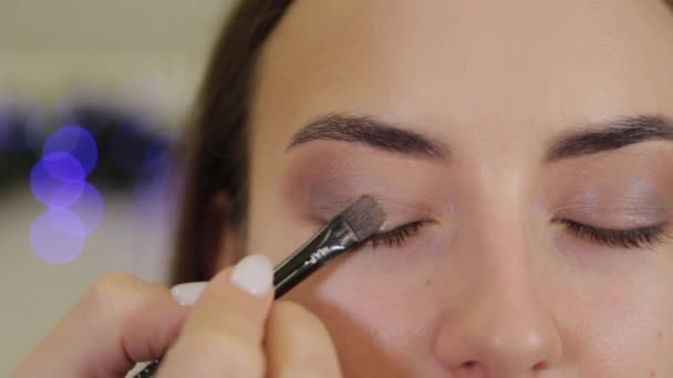 Trucco professionale degli occhi. Stylist truccatore applica il trucco ad una giovane donna con un pennello speciale in un salone di bellezza . — Video Stock