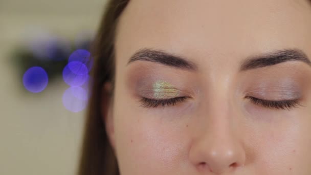 Maquillaje de ojos profesional. Artista de maquillaje estilista aplica maquillaje a una joven con un cepillo especial en un salón de belleza . — Vídeos de Stock