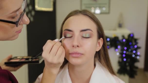 Artista de maquiagem profissional coloca sombra nos olhos de um cliente de um salão de beleza . — Vídeo de Stock